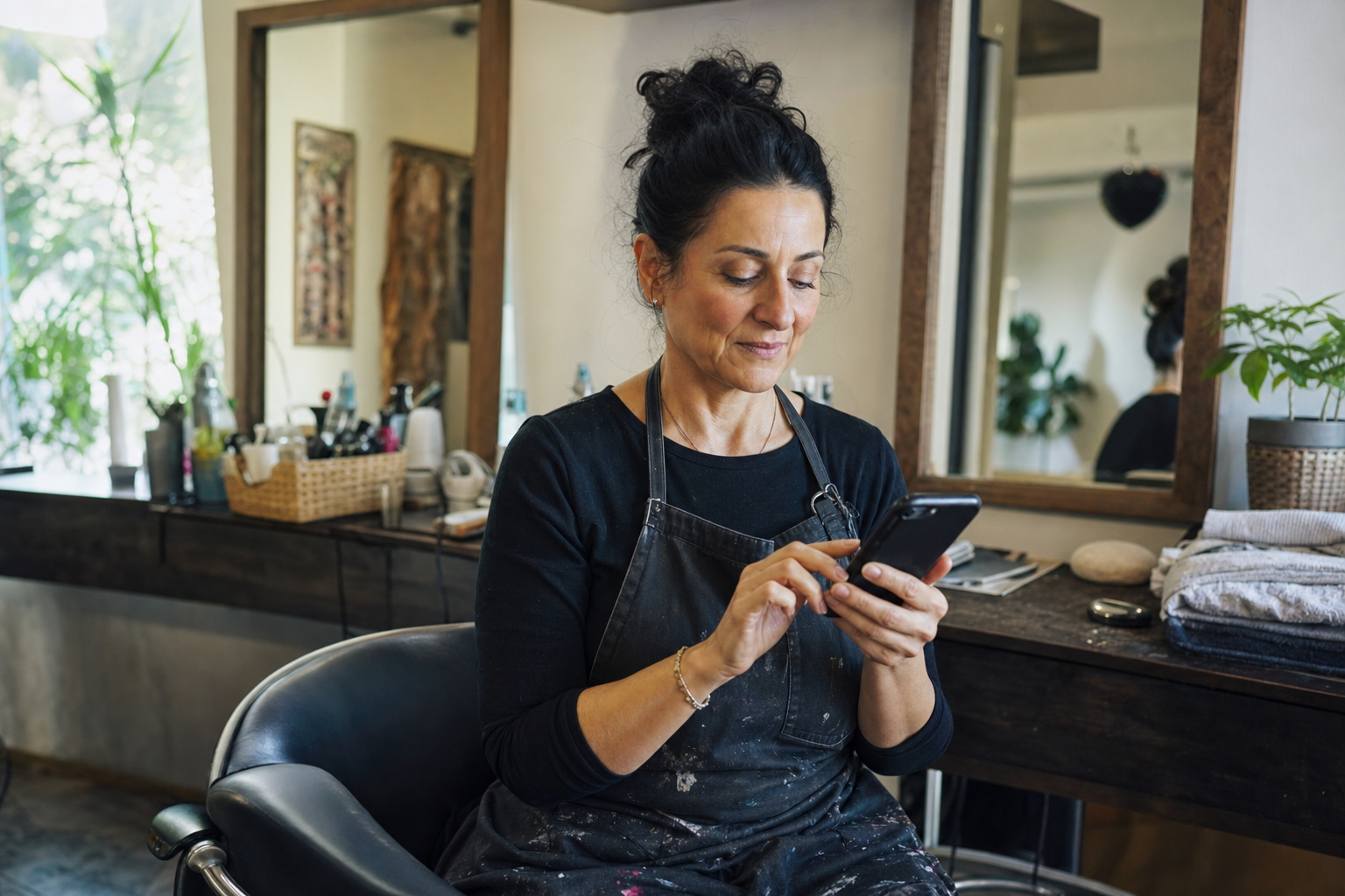 Saloninhaberin beantwortet eine Anfrage am Smartphone zwischen Terminen