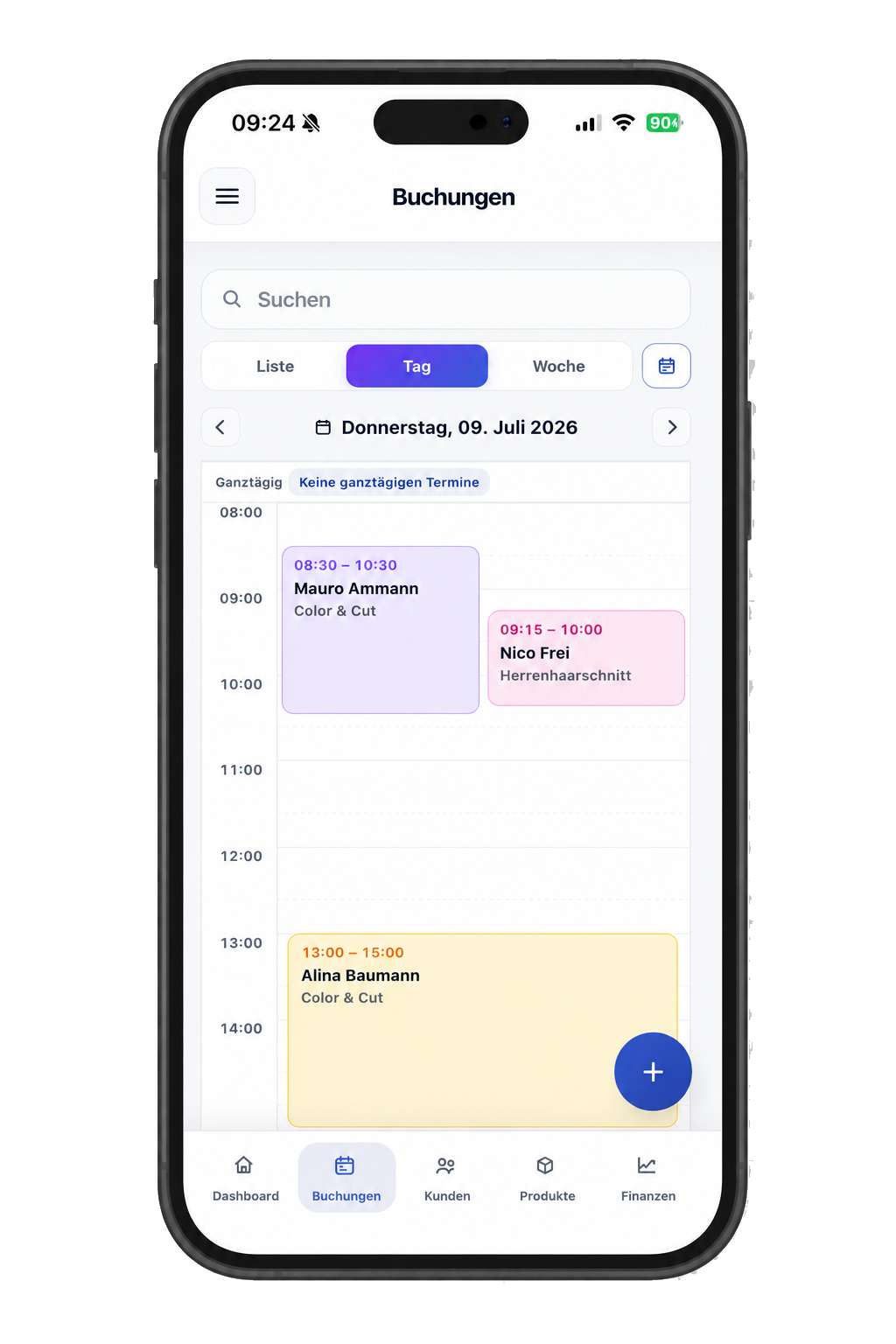 SalonFlow App auf einem iPhone mit Tagesansicht der Buchungen