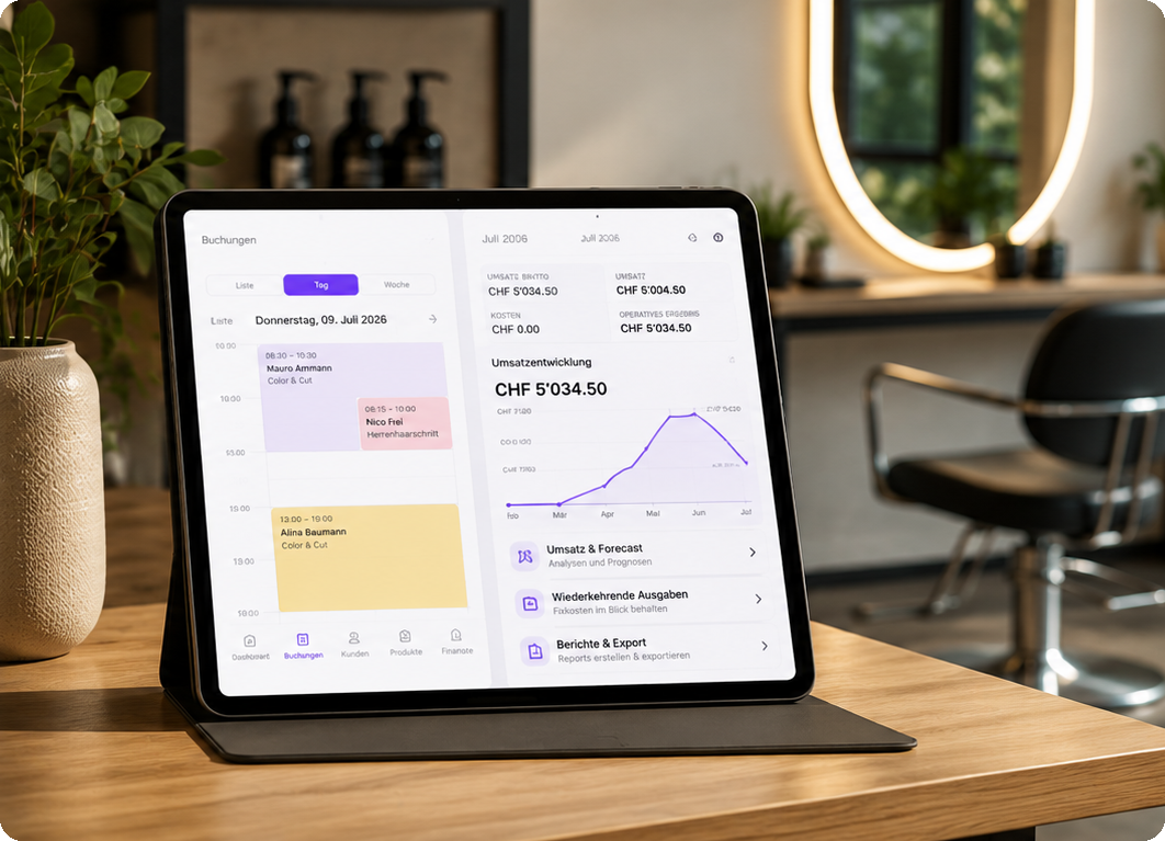 Tablet mit SalonFlow Termin- und Finanzübersicht in einem Salon